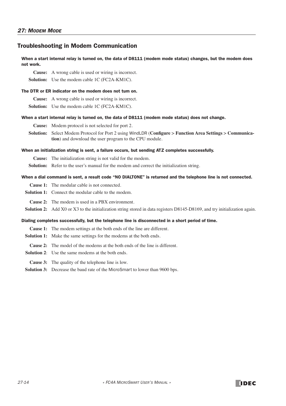 Troubleshooting in modem communication, Troubleshooting in modem communication -14 | IDEC MicroSmart User Manual | Page 440 / 525