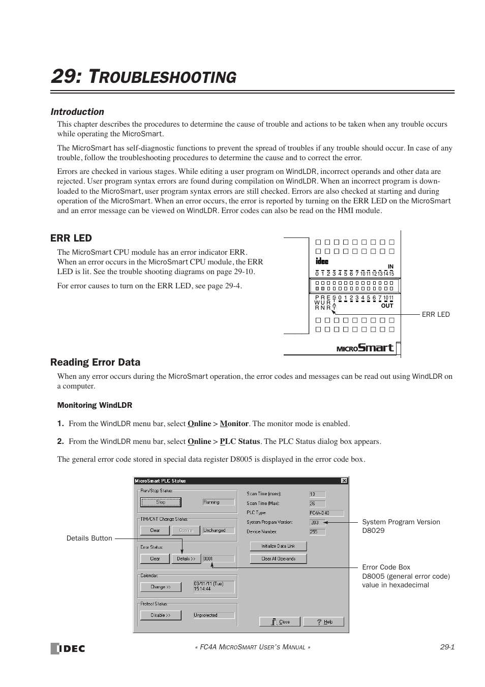 Troubleshooting, Err led, Reading error data | Hapter, Err led -1 reading error data -1, Roubleshooting, Introduction | IDEC MicroSmart User Manual | Page 481 / 525