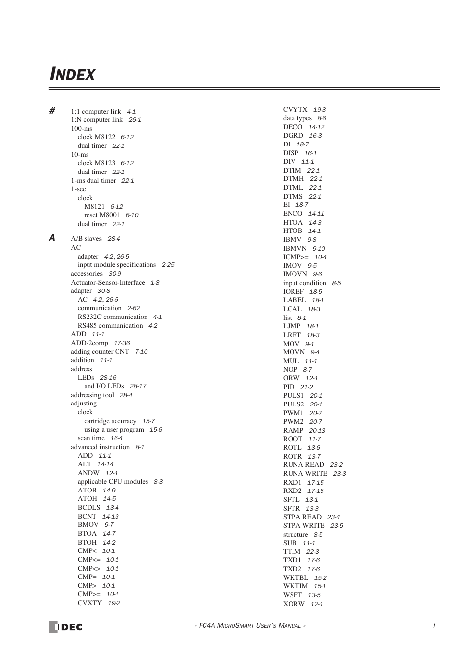 Index, Ndex | IDEC MicroSmart User Manual | Page 513 / 525