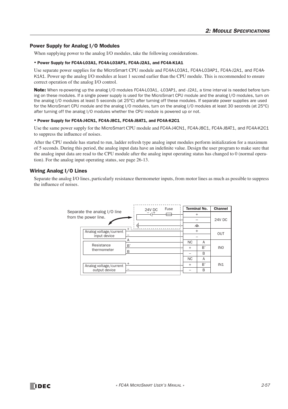 Power supply for analog i/o modules, Wiring analog i/o lines | IDEC MicroSmart User Manual | Page 77 / 525