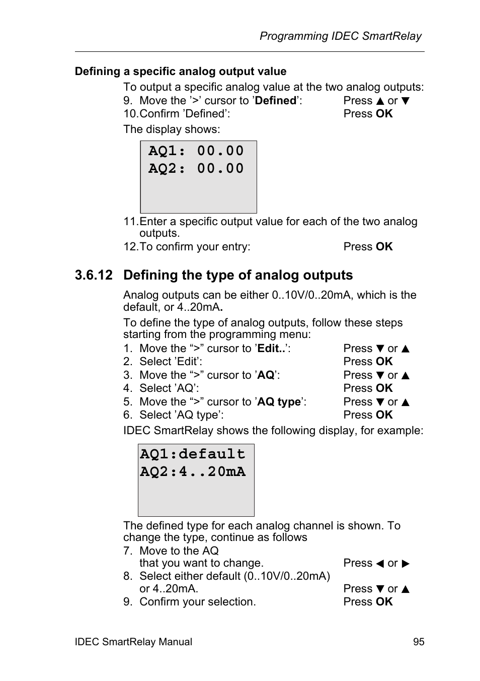 12 defining the type of analog outputs, Defining the type of analog outputs, Aq1:default aq2:4 ma | IDEC FL1E SmartRelay User Manual | Page 109 / 356