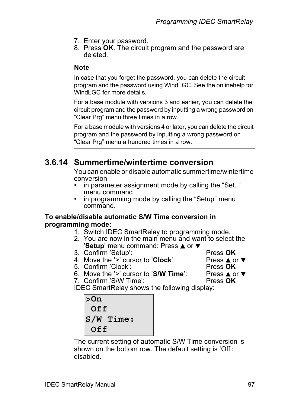 14 summertime/wintertime conversion, Summertime/wintertime conversion, On off s/w time: off | IDEC FL1E SmartRelay User Manual | Page 111 / 356
