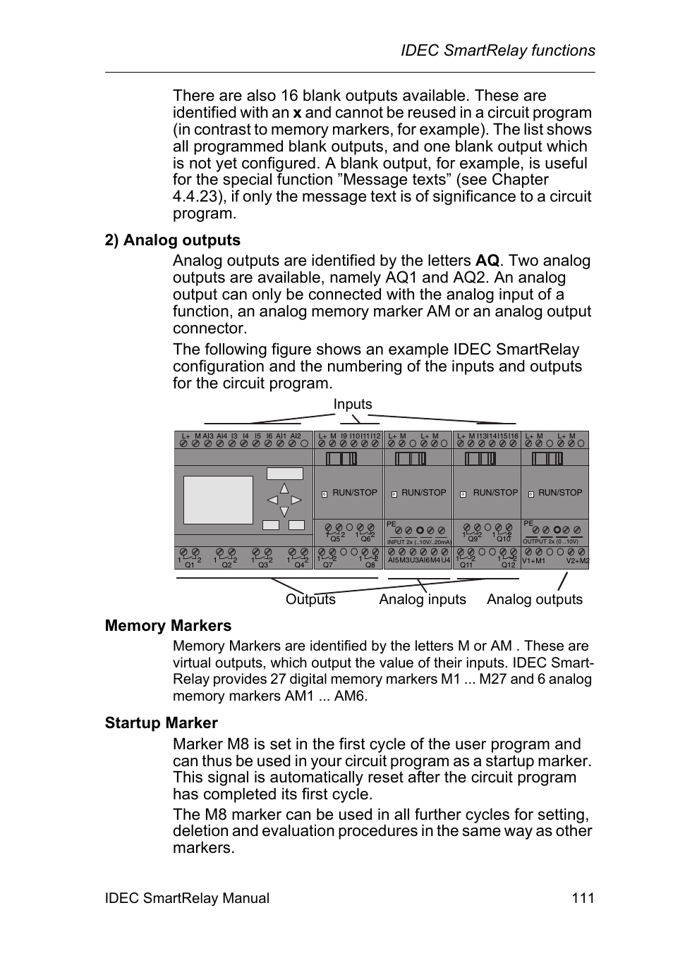 Idec smartrelay functions, Idec smartrelay manual 111, Inputs outputs analog inputs analog outputs | IDEC FL1E SmartRelay User Manual | Page 125 / 356