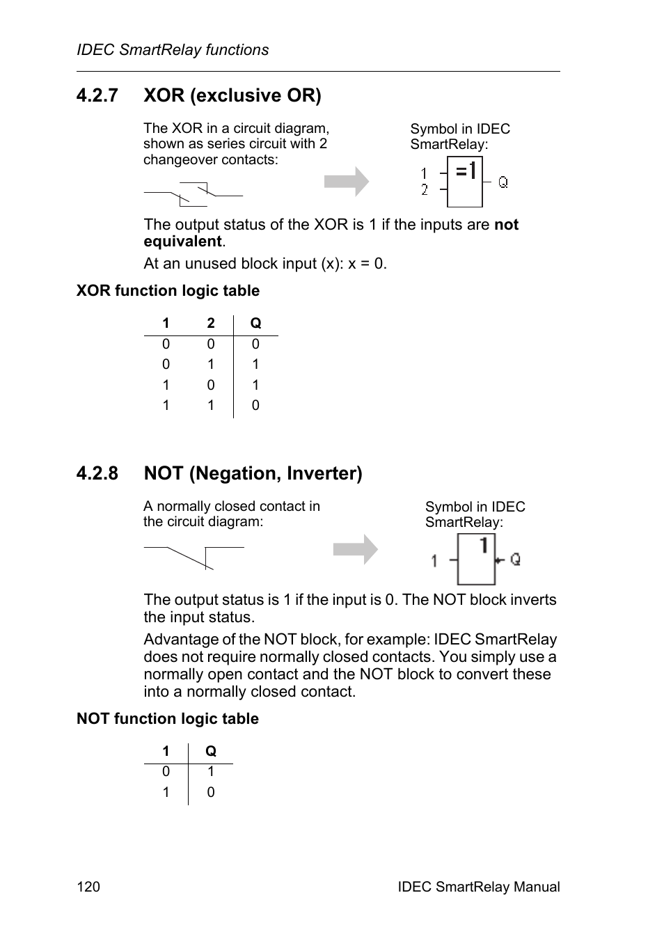 7 xor (exclusive or), 8 not (negation, inverter), Xor (exclusive or) | Not (negation, inverter) | IDEC FL1E SmartRelay User Manual | Page 134 / 356