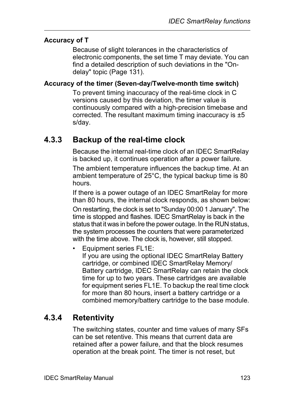 3 backup of the real-time clock, 4 retentivity, Backup of the real-time clock | Retentivity | IDEC FL1E SmartRelay User Manual | Page 137 / 356
