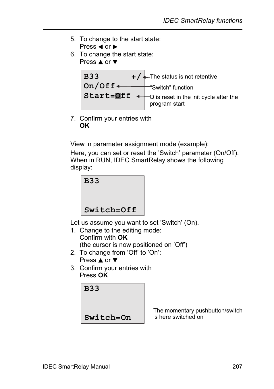 B33 +/ on/off start=off, B33 switch=off, B33 switch=on | IDEC FL1E SmartRelay User Manual | Page 221 / 356