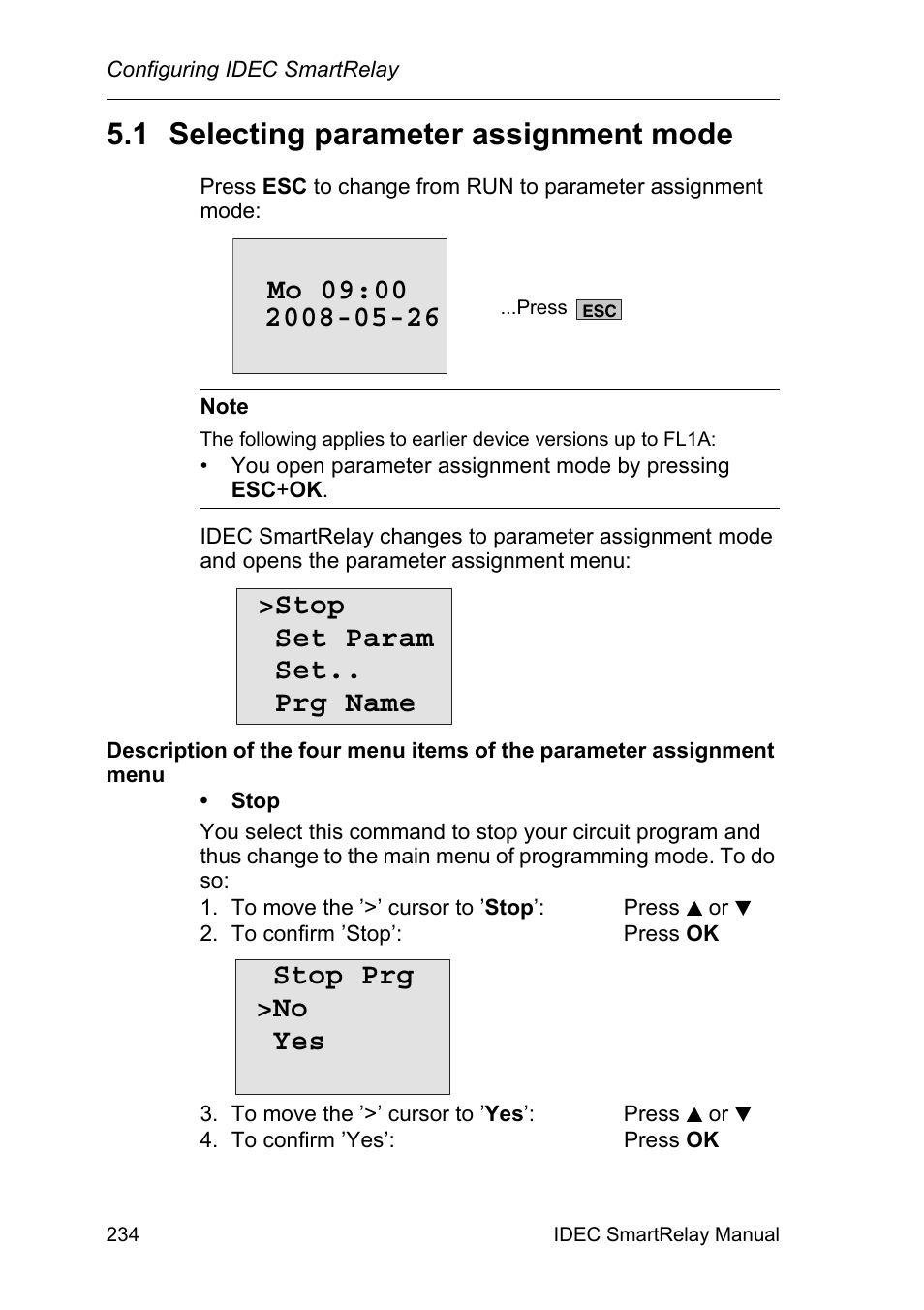 1 selecting parameter assignment mode, Selecting parameter assignment mode, Stop set param set.. prg name | Stop prg >no yes | IDEC FL1E SmartRelay User Manual | Page 248 / 356