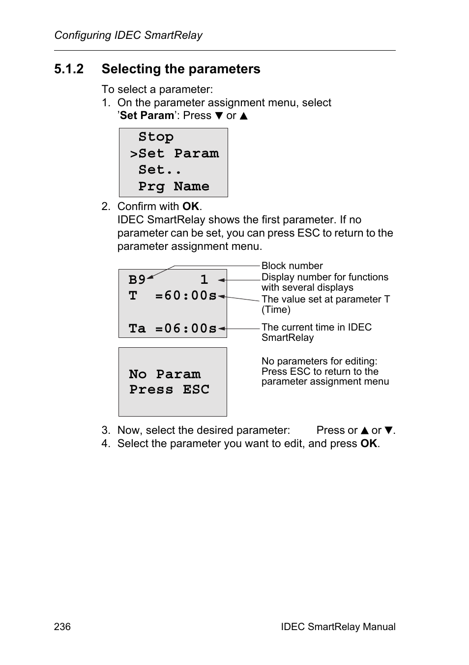 2 selecting the parameters, Selecting the parameters, Stop >set param set.. prg name | IDEC FL1E SmartRelay User Manual | Page 250 / 356