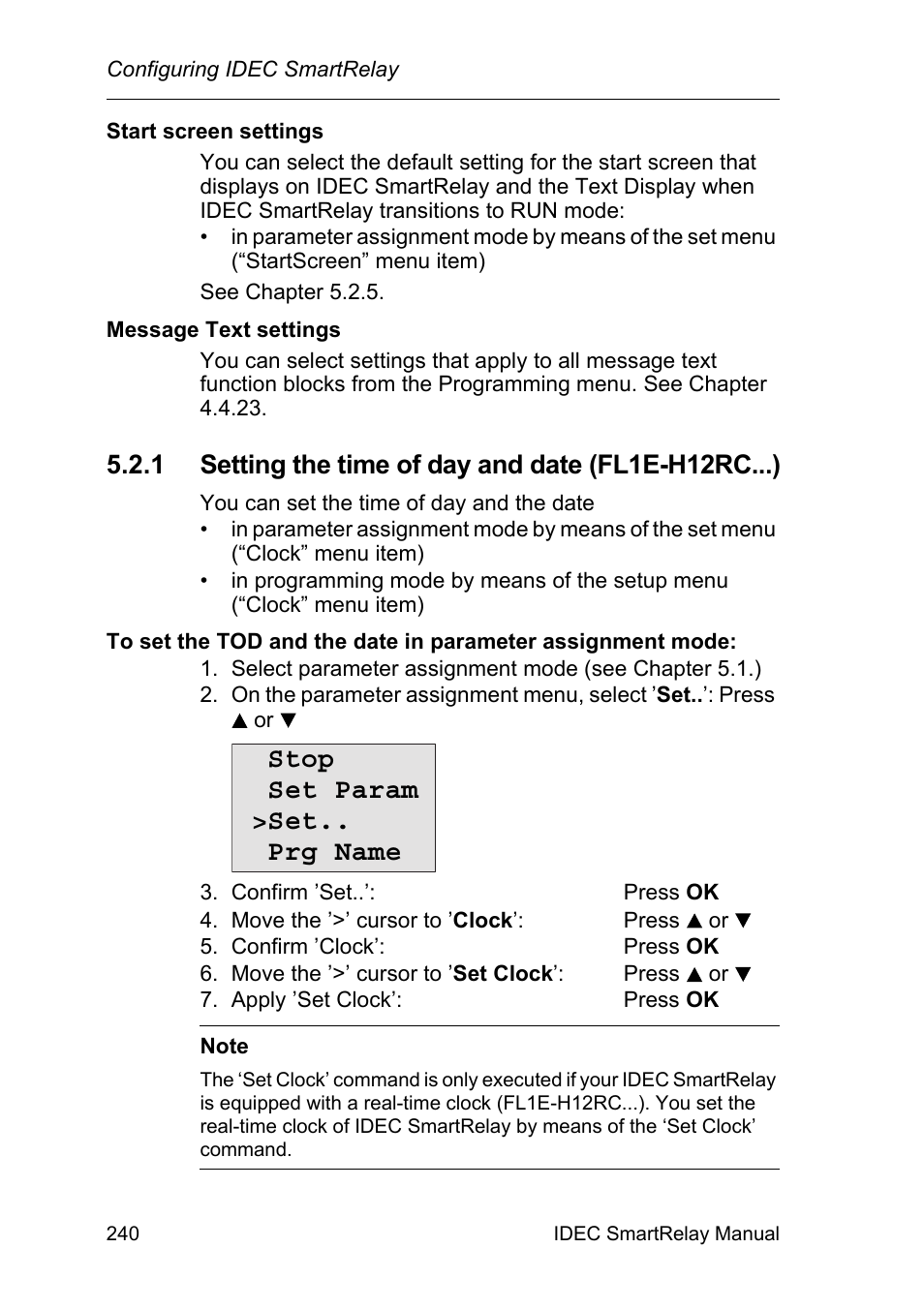 1 setting the time of day and date (fl1e-h12rc...), Setting the time of day and date (fl1e-h12rc...), Stop set param >set.. prg name | IDEC FL1E SmartRelay User Manual | Page 254 / 356