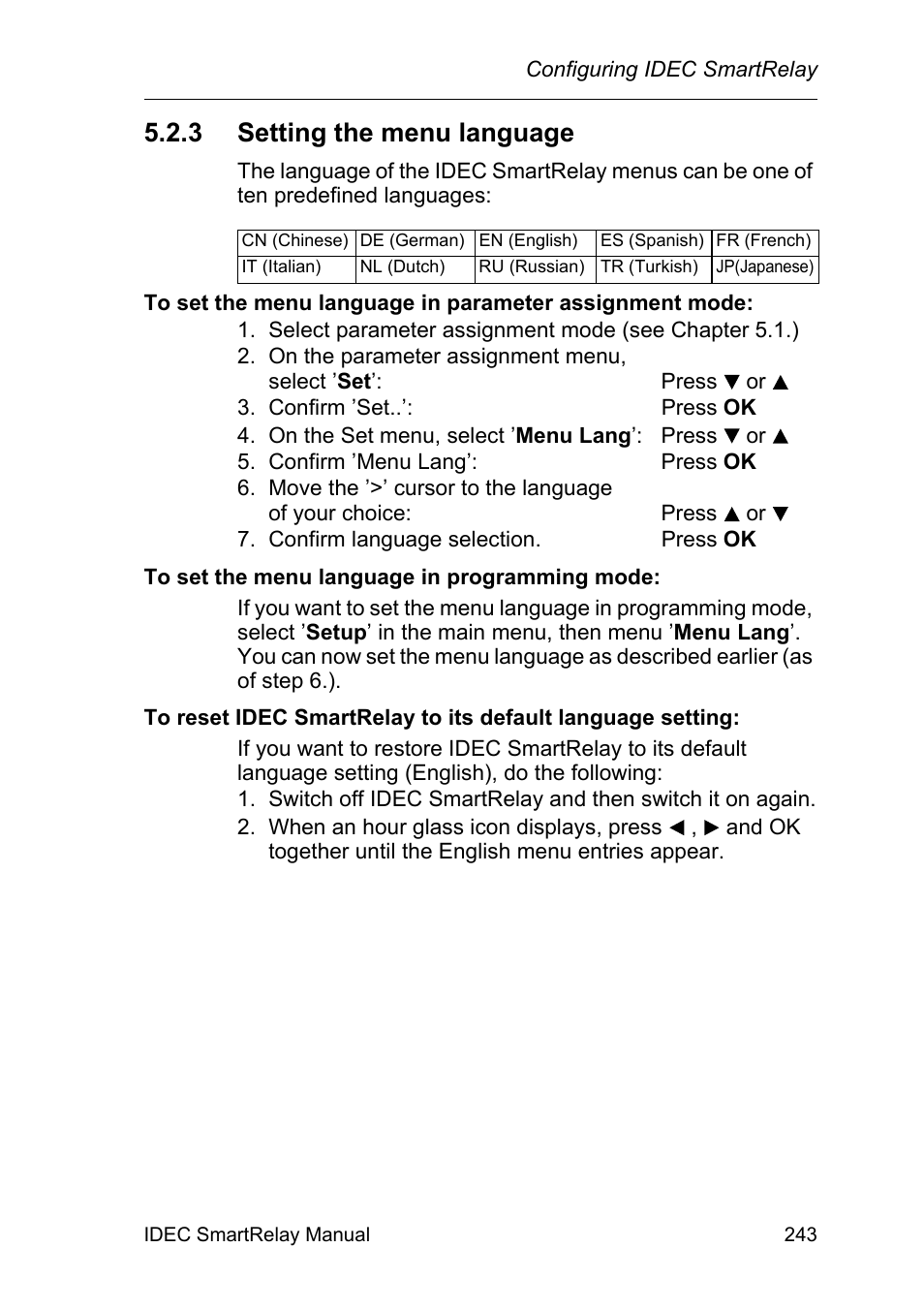 3 setting the menu language, Setting the menu language | IDEC FL1E SmartRelay User Manual | Page 257 / 356