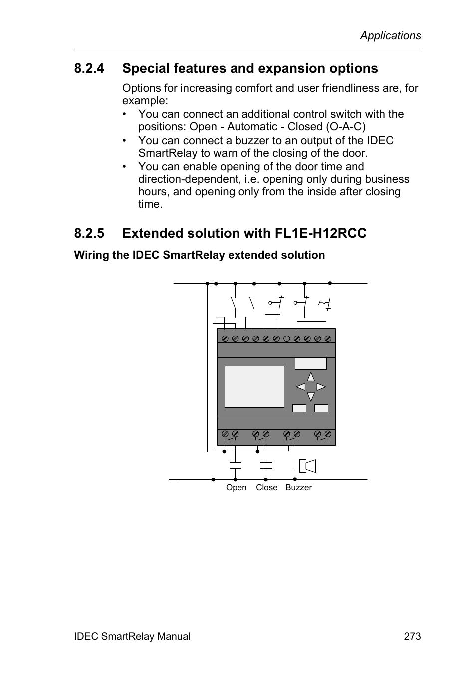 4 special features and expansion options, 5 extended solution with fl1e-h12rcc, Special features and expansion options | Extended solution with fl1e-h12rcc, Applications, Wiring the idec smartrelay extended solution, Idec smartrelay manual 273 | IDEC FL1E SmartRelay User Manual | Page 287 / 356