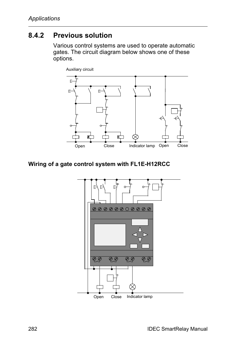 2 previous solution, Previous solution, Applications | Wiring of a gate control system with fl1e-h12rcc, 282 idec smartrelay manual | IDEC FL1E SmartRelay User Manual | Page 296 / 356