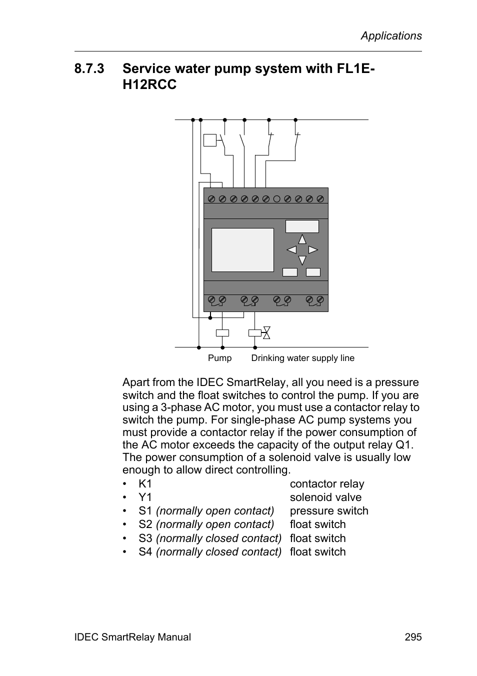 3 service water pump system with fl1e- h12rcc, Service water pump system with fl1e-h12rcc, Applications | Idec smartrelay manual 295 | IDEC FL1E SmartRelay User Manual | Page 309 / 356