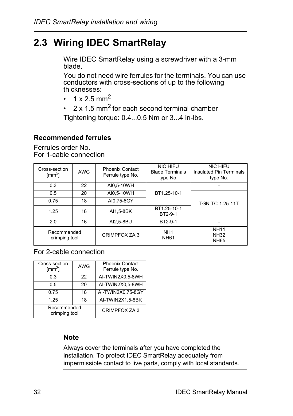 3 wiring idec smartrelay, Wiring idec smartrelay, Idec smartrelay installation and wiring | 2 x 1.5 mm, 32 idec smartrelay manual | IDEC FL1E SmartRelay User Manual | Page 46 / 356