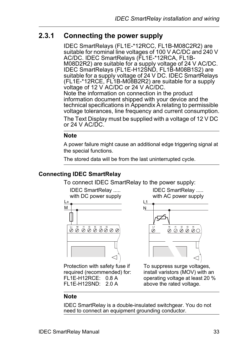 1 connecting the power supply, Connecting the power supply, Idec smartrelay installation and wiring | IDEC FL1E SmartRelay User Manual | Page 47 / 356