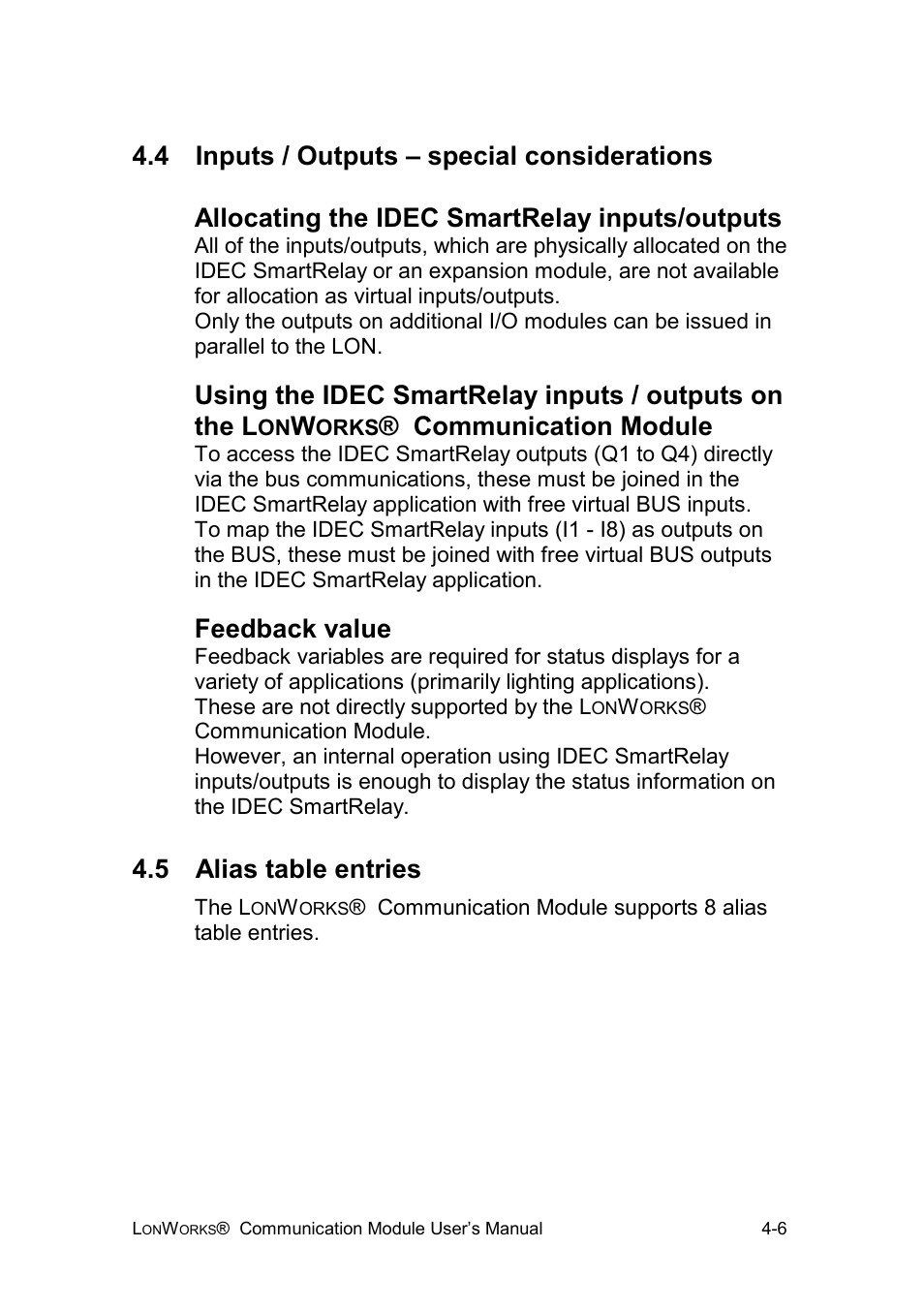 4 inputs / outputs – special considerations, 5 alias table entries, Communication module | Feedback value | IDEC FL1E SmartRelay User Manual | Page 21 / 24