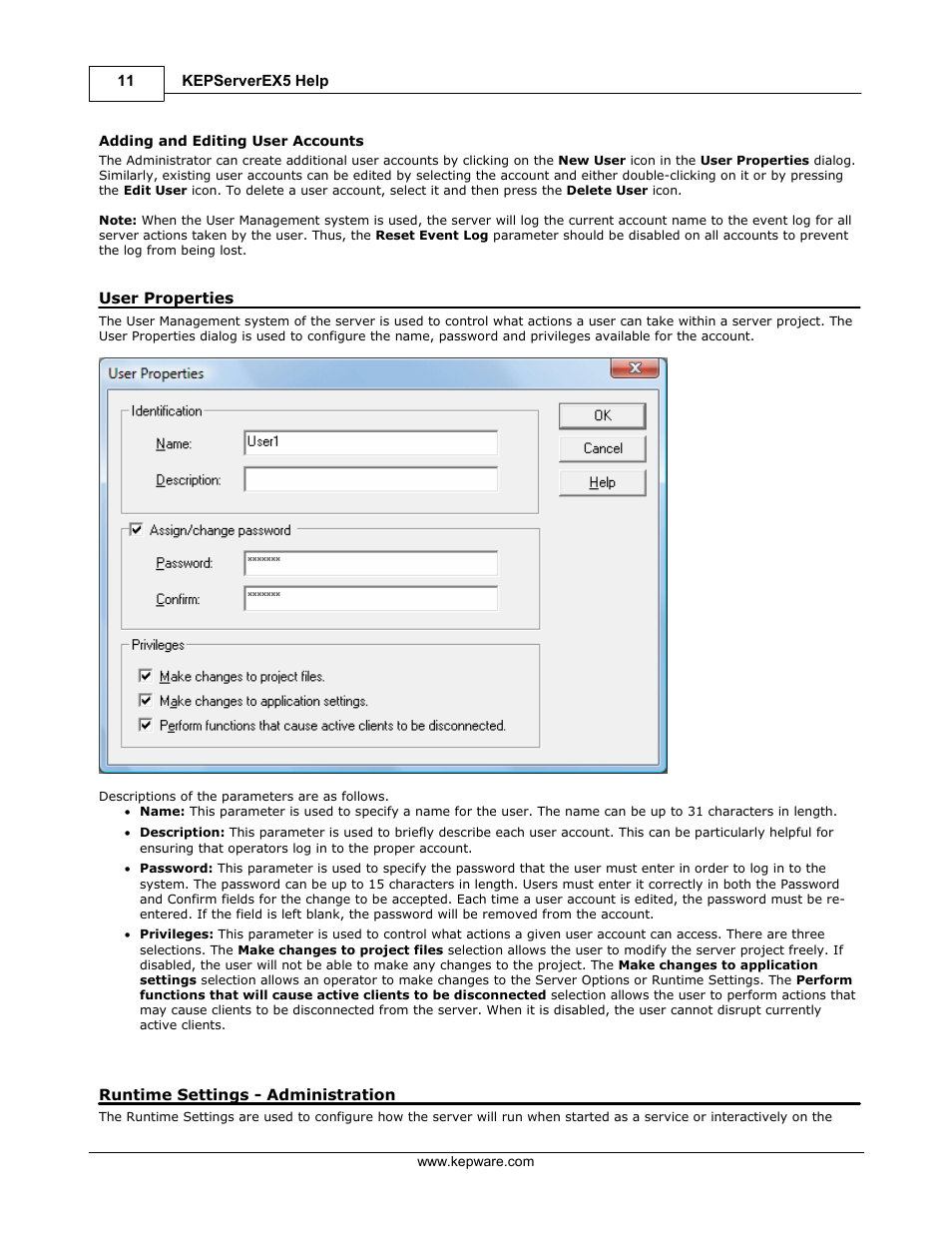 User properties, Runtime settings, Runtime settings - administration | IDEC WindSRV User Manual | Page 12 / 165
