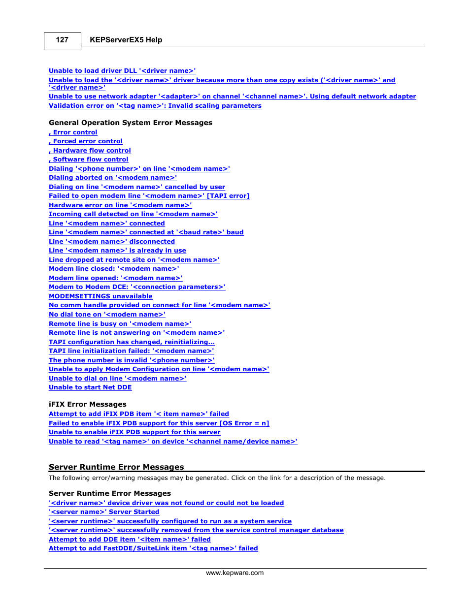 Server runtime error messages | IDEC WindSRV User Manual | Page 128 / 165