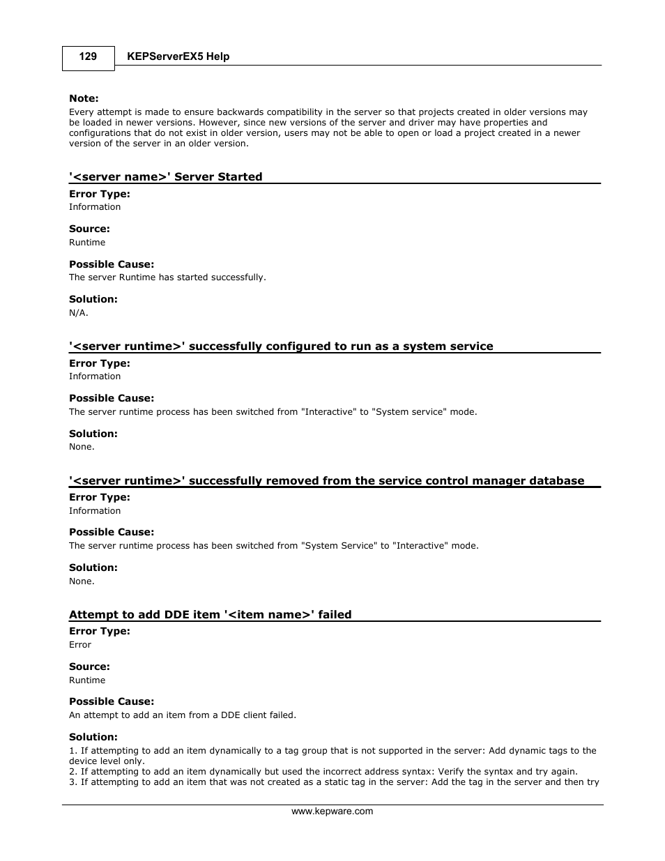 Server name>' server started, Attempt to add dde item '<item name>' failed | IDEC WindSRV User Manual | Page 130 / 165