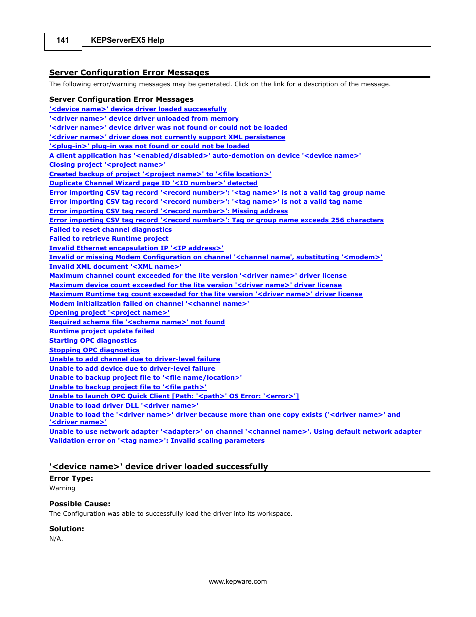 Server configuration error messages, Device name>' device driver loaded successfully | IDEC WindSRV User Manual | Page 142 / 165