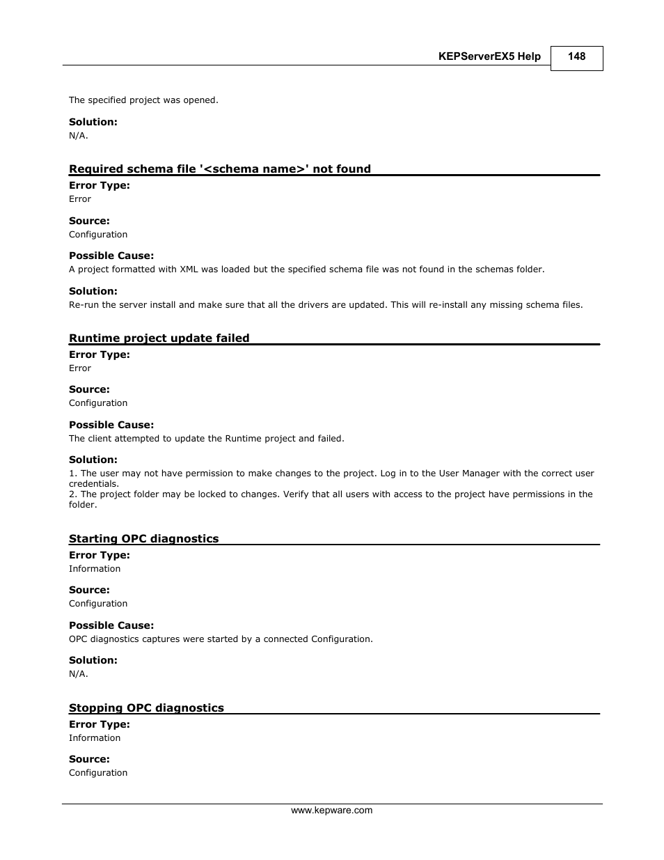 Required schema file '<schema name>' not found, Runtime project update failed, Starting opc diagnostics | Stopping opc diagnostics | IDEC WindSRV User Manual | Page 149 / 165