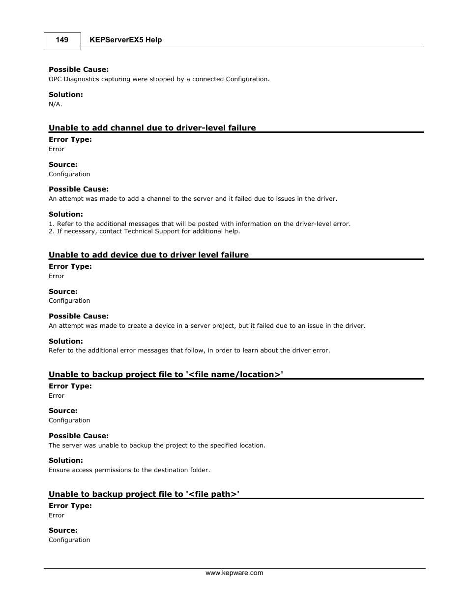 Unable to add channel due to driver-level failure, Unable to add device due to driver level failure, Unable to backup project file to '<file path | Unable to add device due to driver-level failure | IDEC WindSRV User Manual | Page 150 / 165