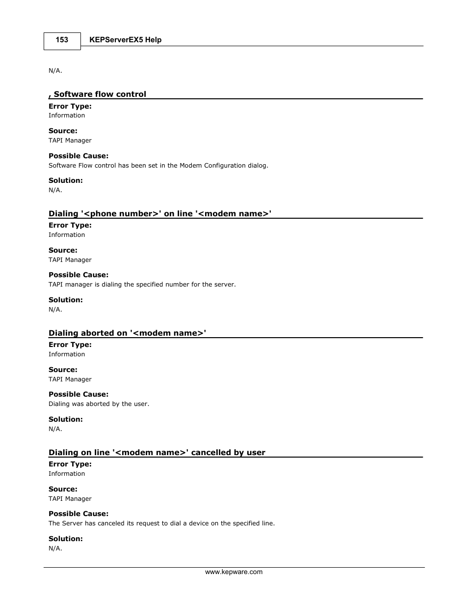 Software flow control, Dialing '<phone number>' on line '<modem name, Dialing aborted on '<modem name | Dialing on line '<modem name>' cancelled by user | IDEC WindSRV User Manual | Page 154 / 165