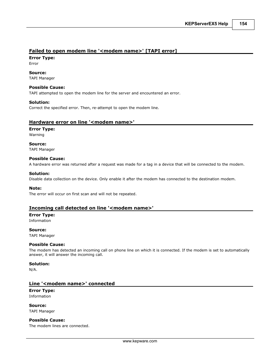 Hardware error on line '<modem name, Incoming call detected on line '<modem name, Line '<modem name>' connected | IDEC WindSRV User Manual | Page 155 / 165
