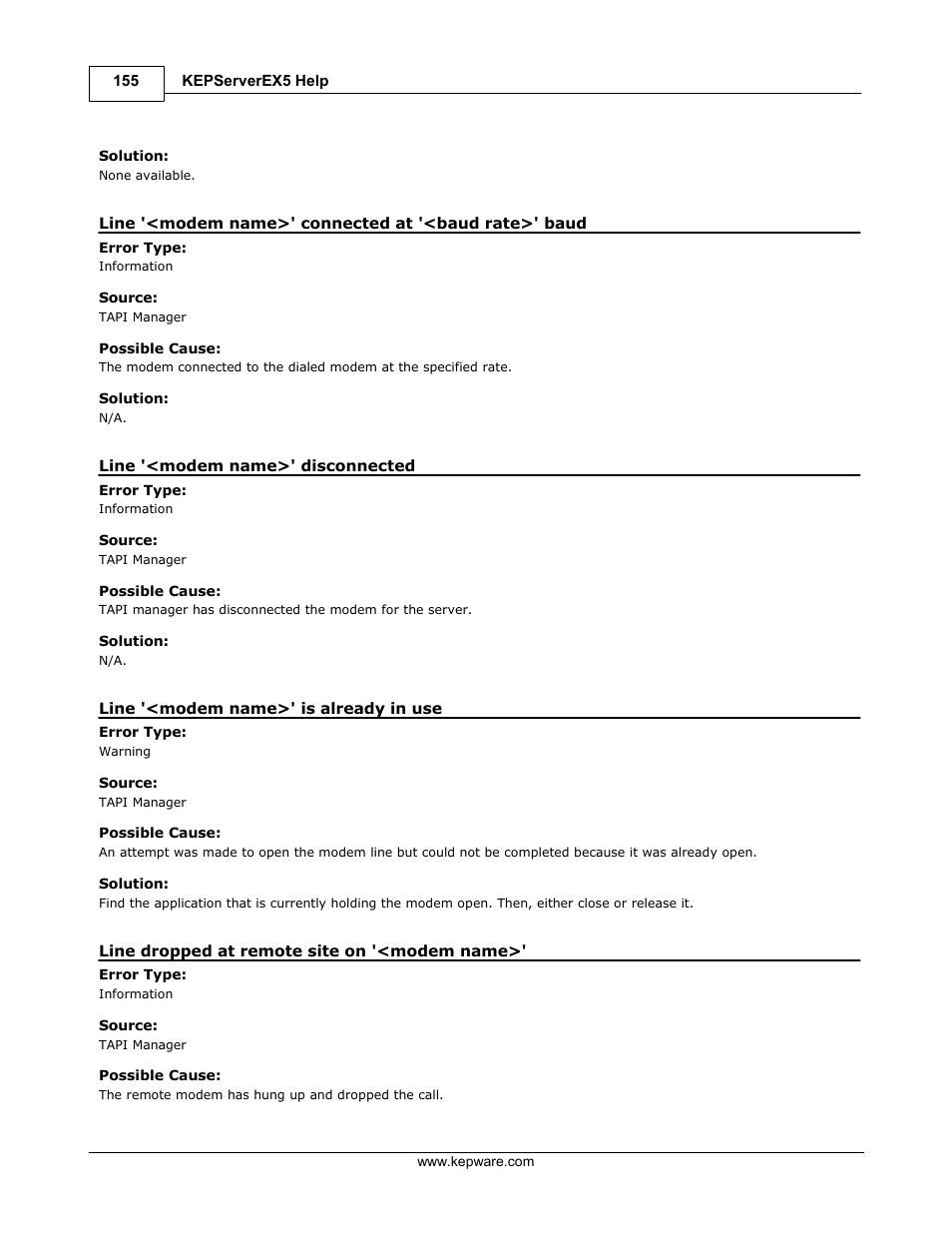 Line '<modem name>' disconnected, Line '<modem name>' is already in use, Line dropped at remote site on '<modem name | IDEC WindSRV User Manual | Page 156 / 165
