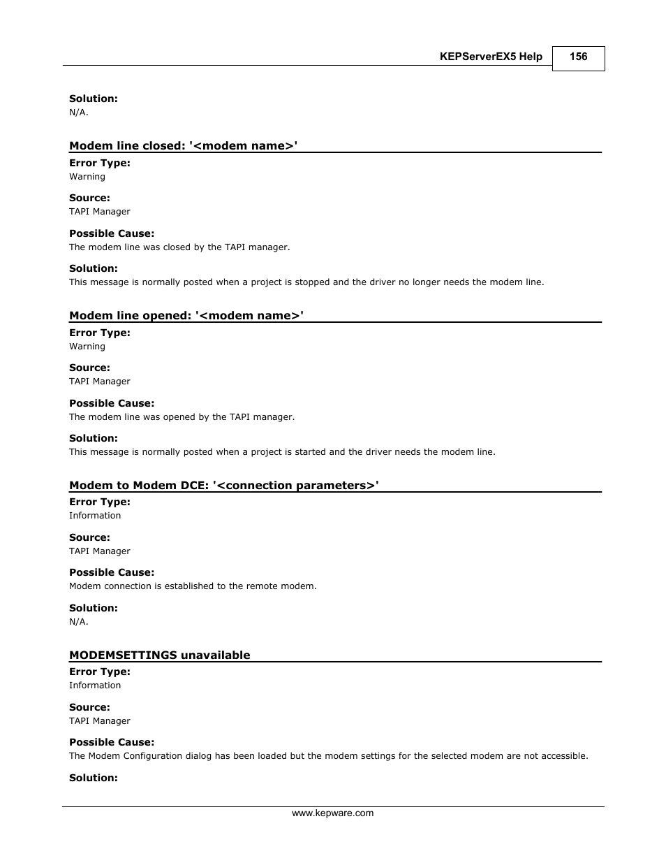 Modem line closed: '<modem name, Modem line opened: '<modem name, Modem to modem dce: '<connection parameters | Modemsettings unavailable | IDEC WindSRV User Manual | Page 157 / 165