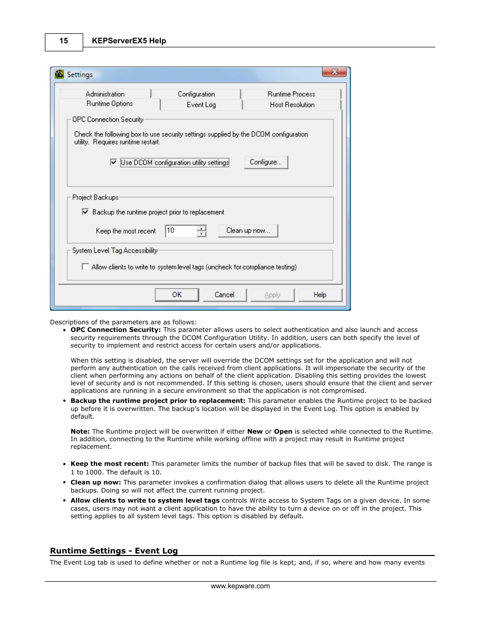 Runtime settings - event log | IDEC WindSRV User Manual | Page 16 / 165