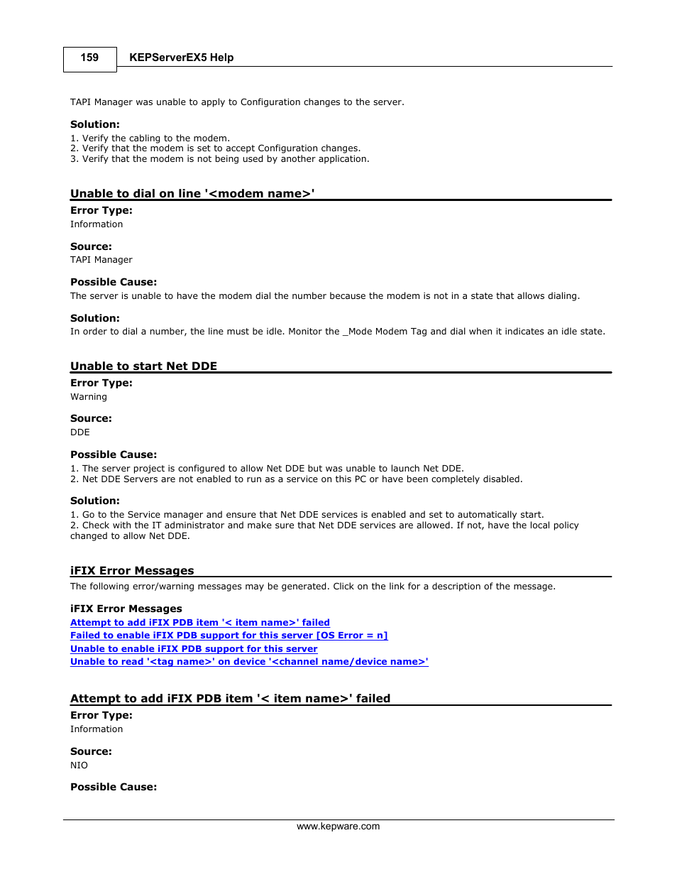 Unable to dial on line '<modem name, Unable to start netdde, Ifix error messages | Attempt to add ifix pdb item '< item name>' failed, Unable to start net dde | IDEC WindSRV User Manual | Page 160 / 165