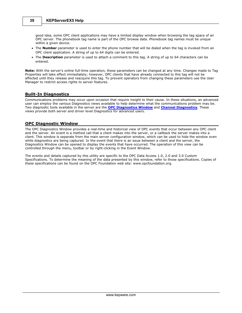 Built-in diagnostics, Opc diagnostics, Opc diagnostics window | Opc diagnostic window | IDEC WindSRV User Manual | Page 40 / 165