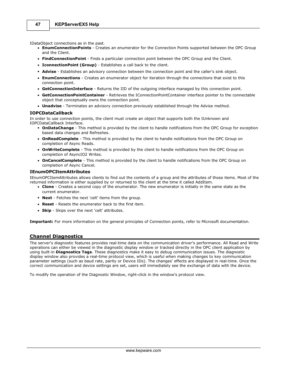 Channel diagnostics, Iopcdatacallback, Ienumopcitemattributes | IDEC WindSRV User Manual | Page 48 / 165