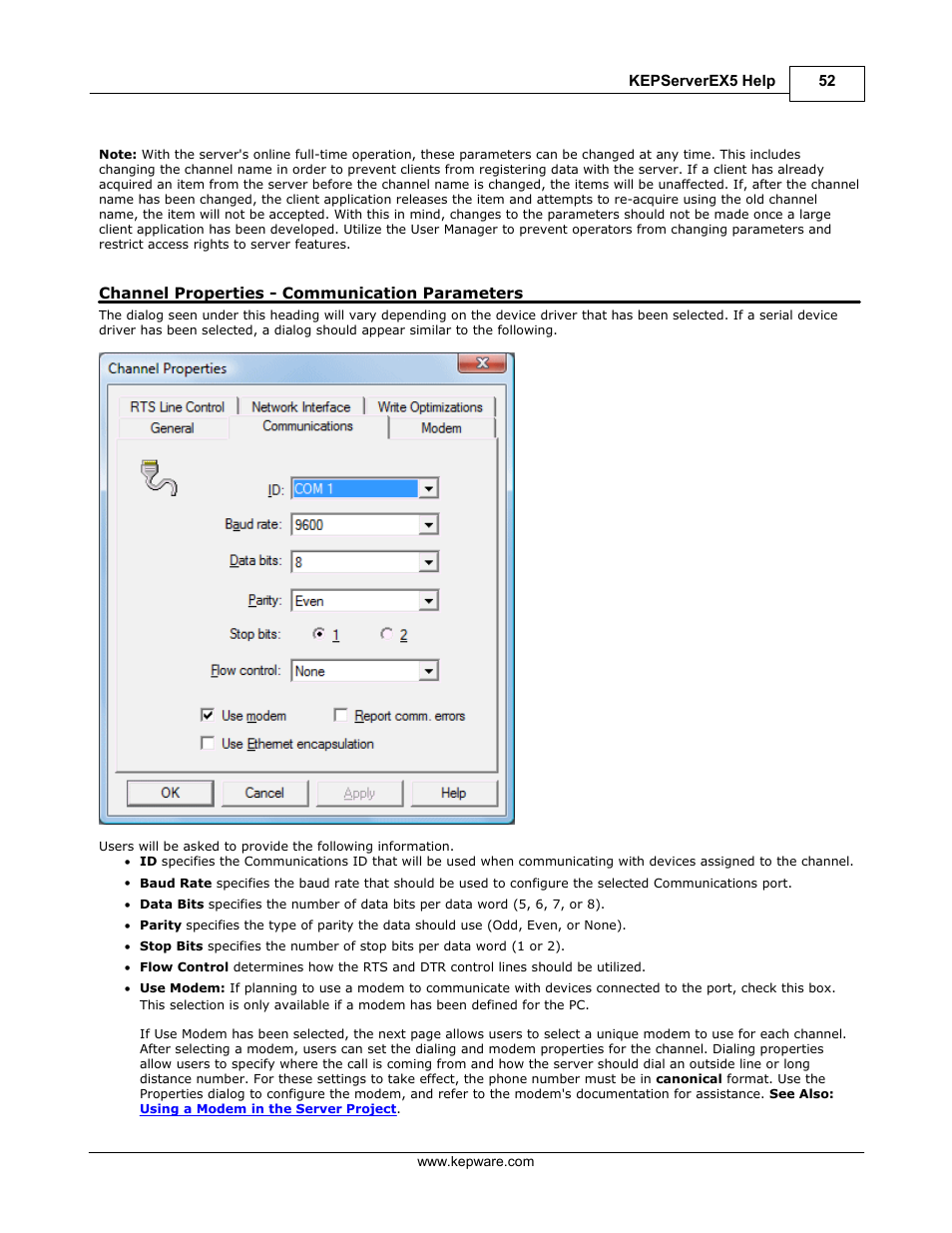 Channel properties - communication parameters | IDEC WindSRV User Manual | Page 53 / 165