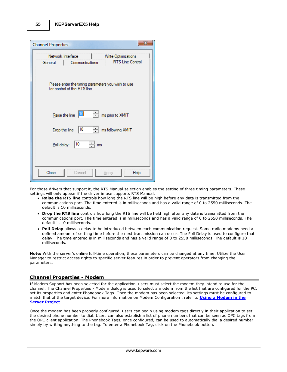 Channel properties - modem | IDEC WindSRV User Manual | Page 56 / 165