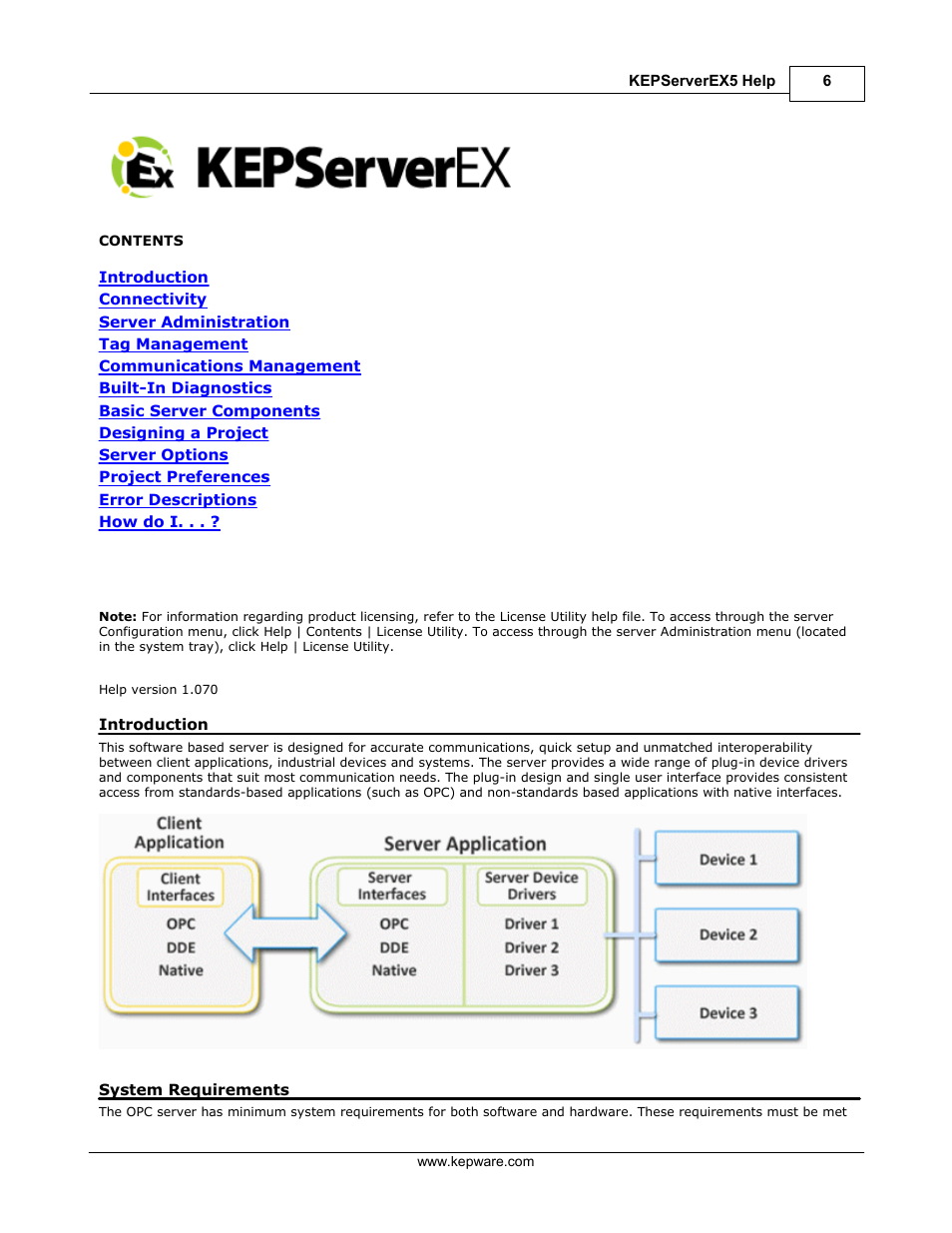 Server help, Getting started, Kepserverex | Introduction, System requirements | IDEC WindSRV User Manual | Page 7 / 165