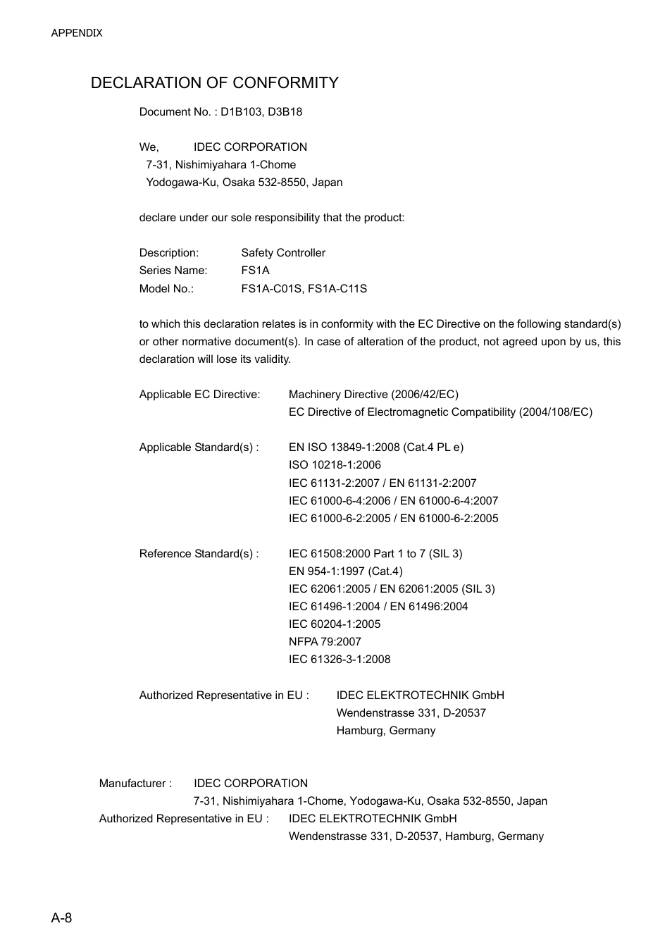 Declaration of conformity | IDEC FS1A Controller User Manual | Page 396 / 400