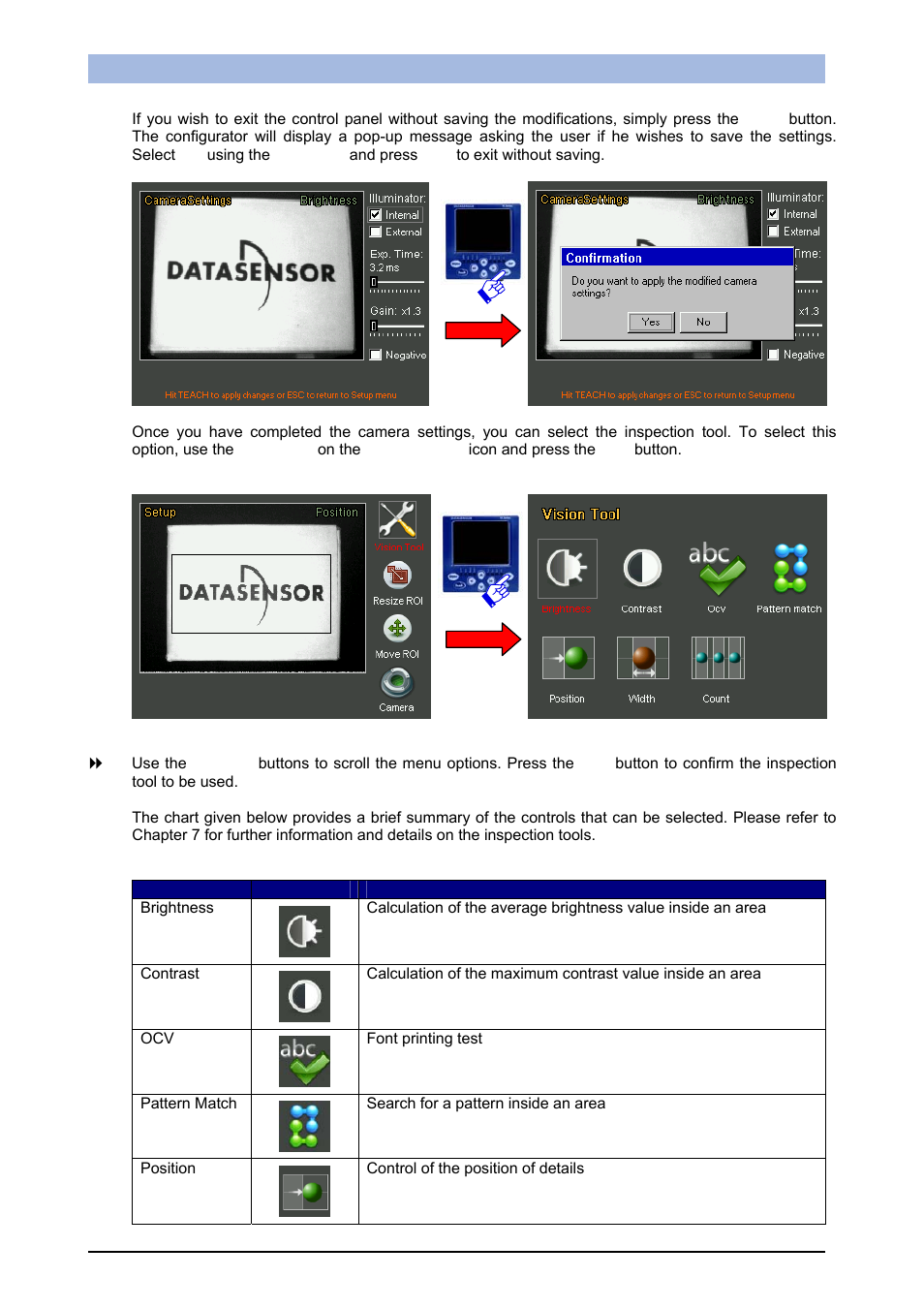 Instruction manual svs1 series, Font printing test pattern match, Search for a pattern inside an area position | Control of the position of details | IDEC DATAVS1 Series User Manual | Page 21 / 83