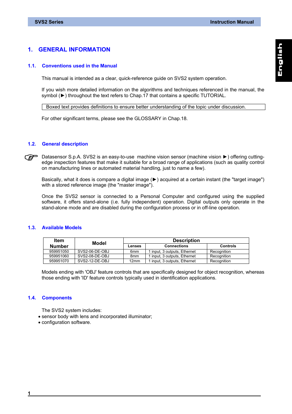 General information, Conventions used in the manual, General description | Available models, Components | IDEC DATAVS2 Series User Manual | Page 6 / 83