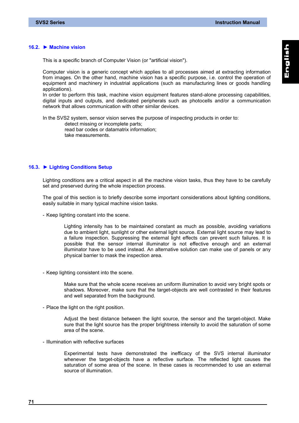► machine vision, ► lighting conditions setup, Machine vision | Lighting conditions setup | IDEC DATAVS2 Series User Manual | Page 76 / 83