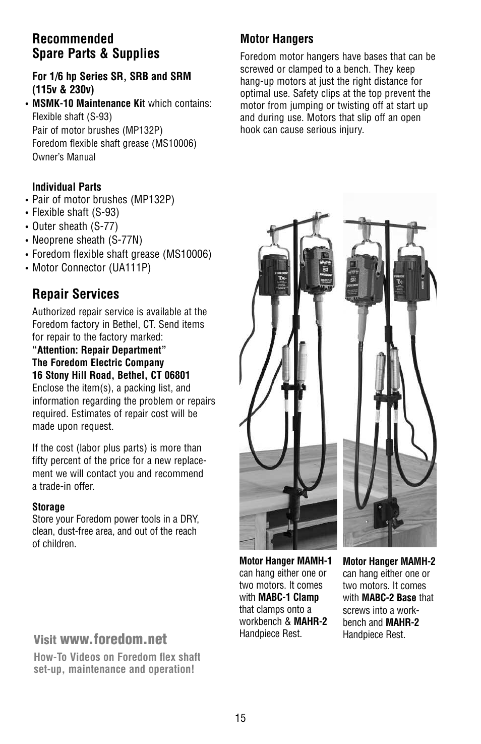 Recommended spare parts & supplies, Repair services, Motor hangers | Visit | Foredom Series SR User Manual | Page 15 / 16