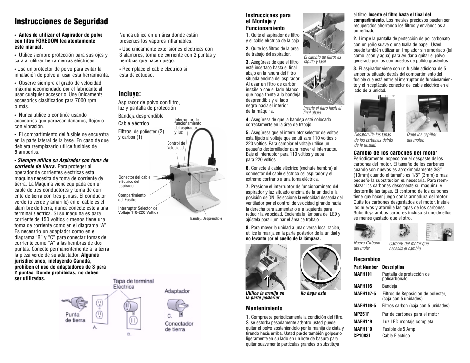 Instrucciones de seguridad, Incluye | Foredom MAFH25 User Manual | Page 3 / 6