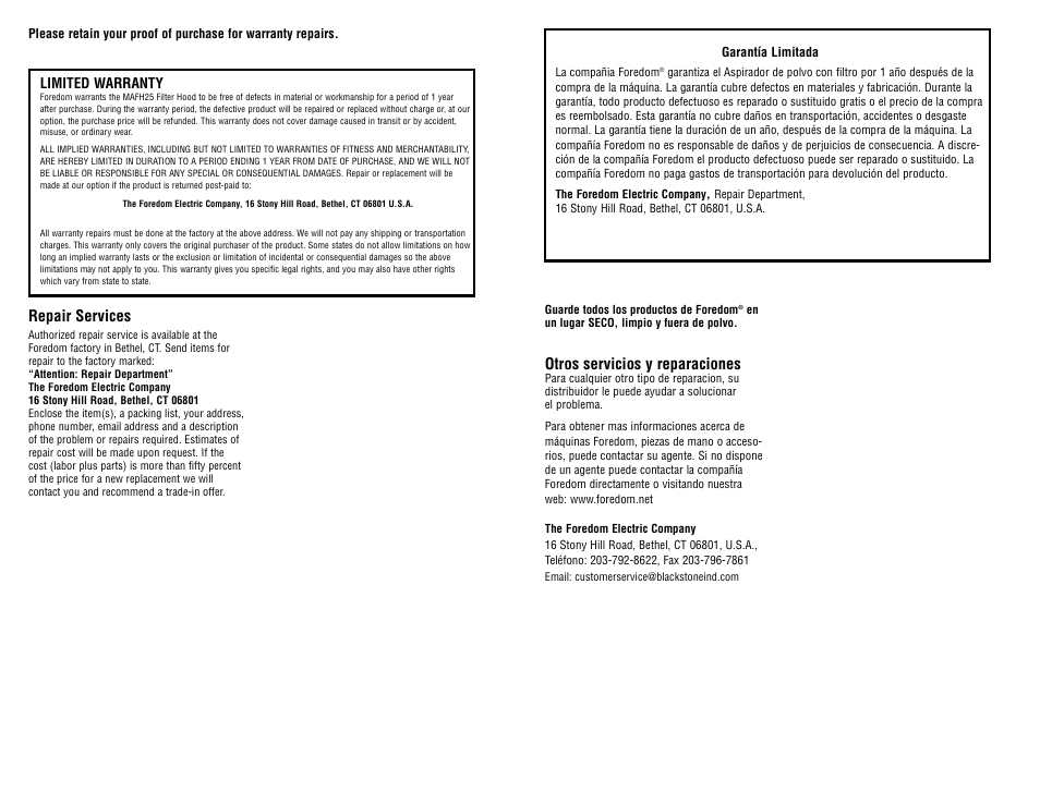 Repair services, Otros servicios y reparaciones | Foredom MAFH25 User Manual | Page 4 / 6
