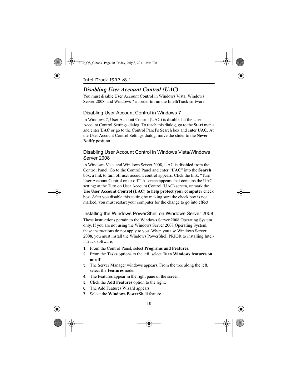 Disabling user account control (uac), Disabling user account control in windows 7, Disabling user account control (uac) 10 | Disabling user account control in, Disabling user account control in win, Refer to | IntelliTrack Inventory Shipping Receiving Picking (ISRP) User Manual | Page 18 / 92