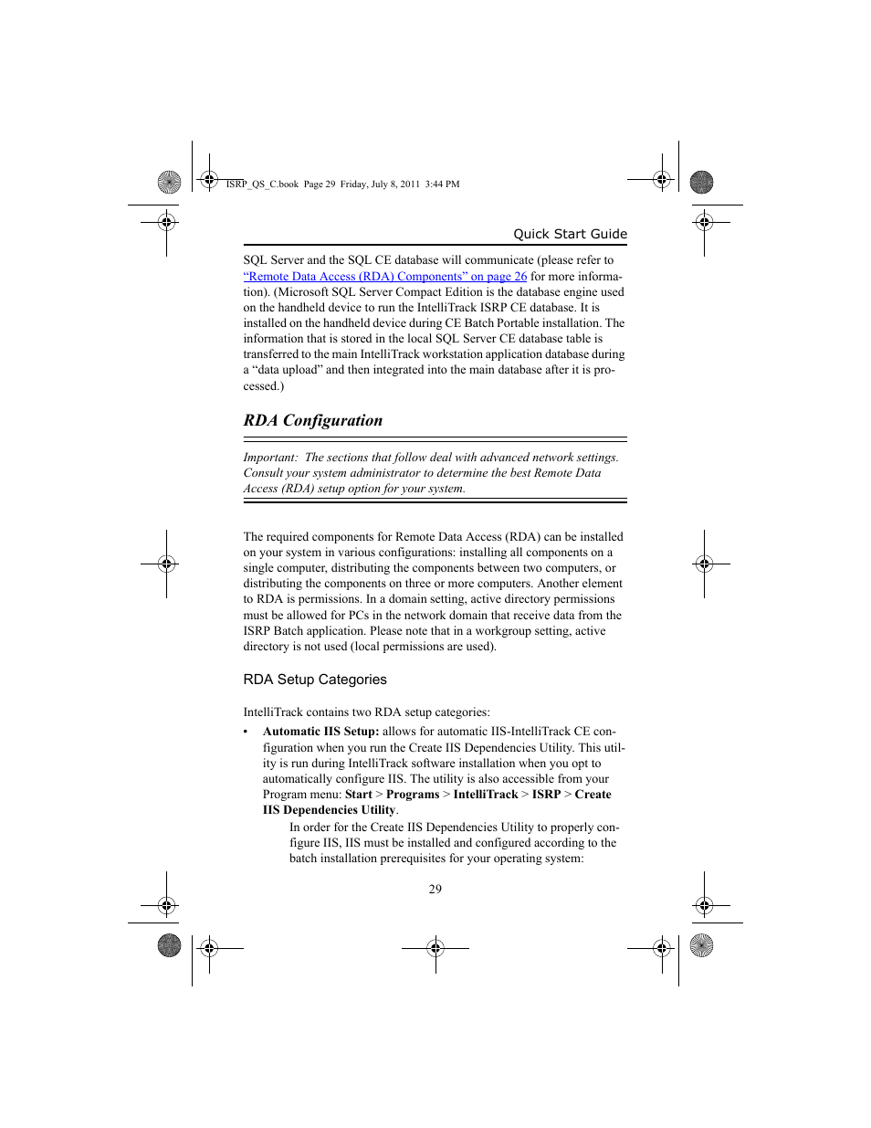 Rda configuration, Rda setup categories, Rda configuration 29 | Rda setup categories 29 | IntelliTrack Inventory Shipping Receiving Picking (ISRP) User Manual | Page 37 / 92