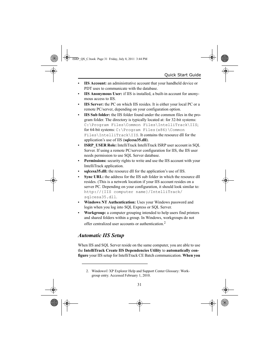 Automatic iis setup, Automatic iis setup 31 | IntelliTrack Inventory Shipping Receiving Picking (ISRP) User Manual | Page 39 / 92