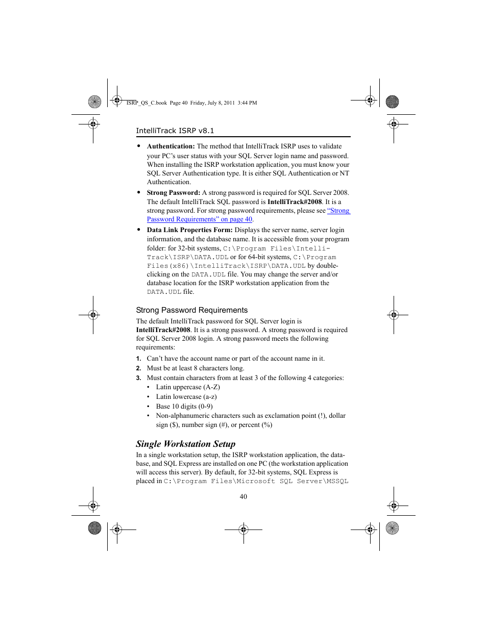 Strong password requirements, Single workstation setup | IntelliTrack Inventory Shipping Receiving Picking (ISRP) User Manual | Page 48 / 92