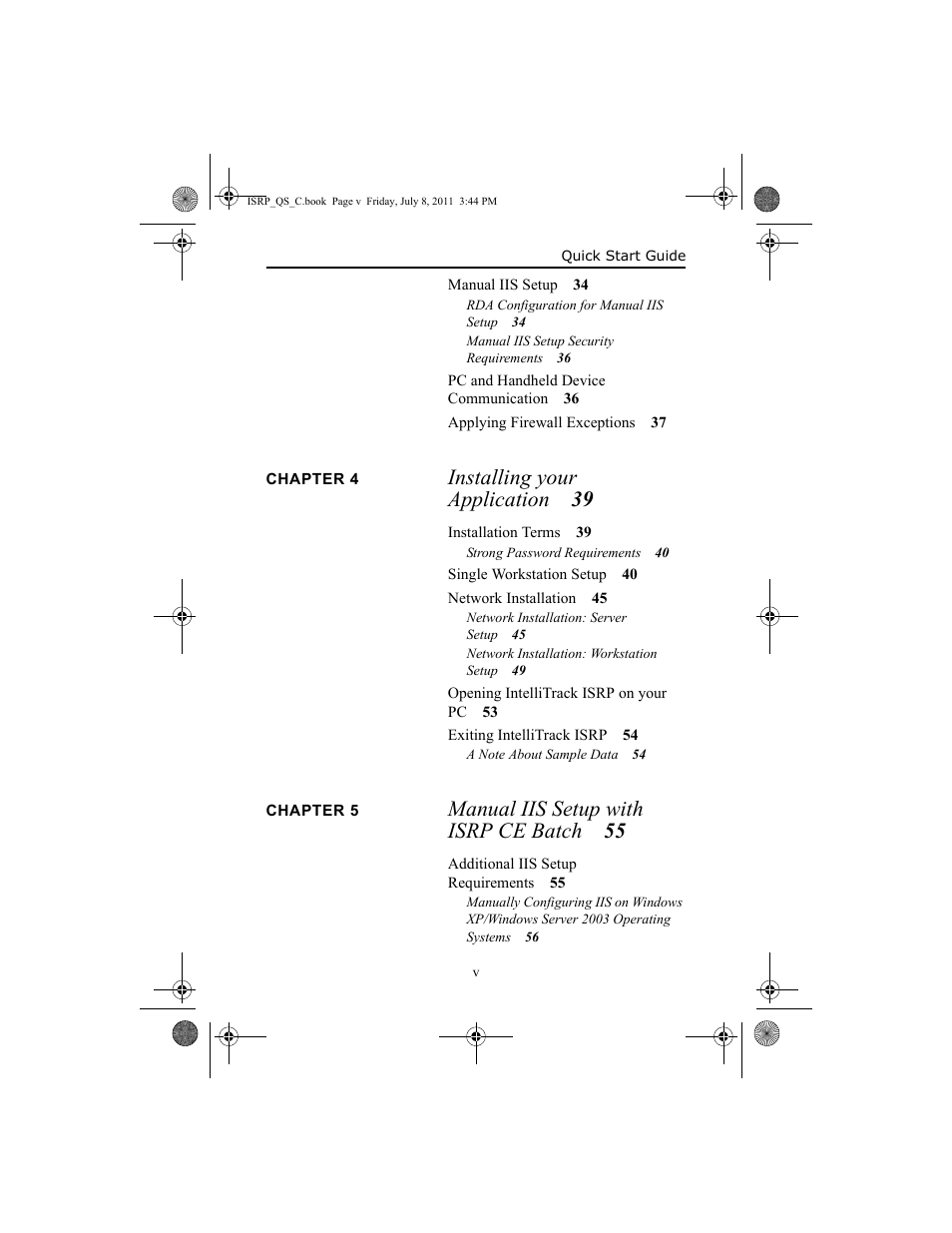 Installing your application 39, Manual iis setup with isrp ce batch 55 | IntelliTrack Inventory Shipping Receiving Picking (ISRP) User Manual | Page 5 / 92