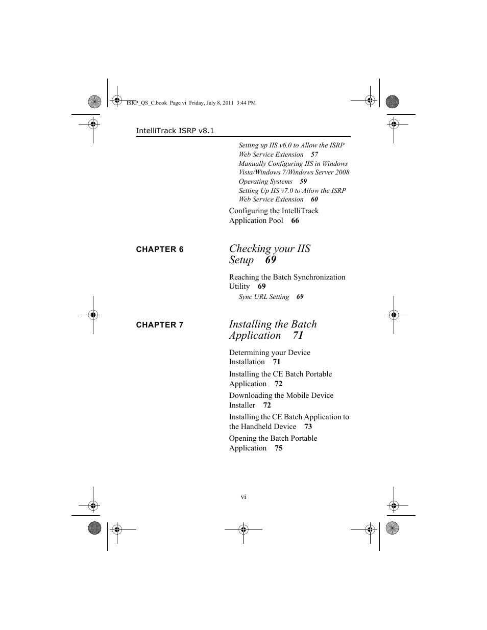 Checki ng your iis setup 69, Installing the batch application 71 | IntelliTrack Inventory Shipping Receiving Picking (ISRP) User Manual | Page 6 / 92